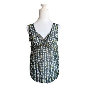 Confiance Floral Print Sleeveless‎ Blouse Sheer Top Lace Trim M